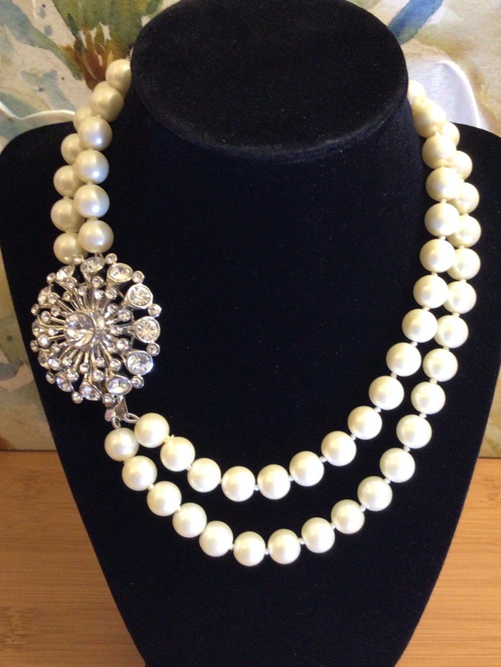 Vintage Double Strand Simulated Pearl Necklace Rhinestones Flower Shaped Clasp